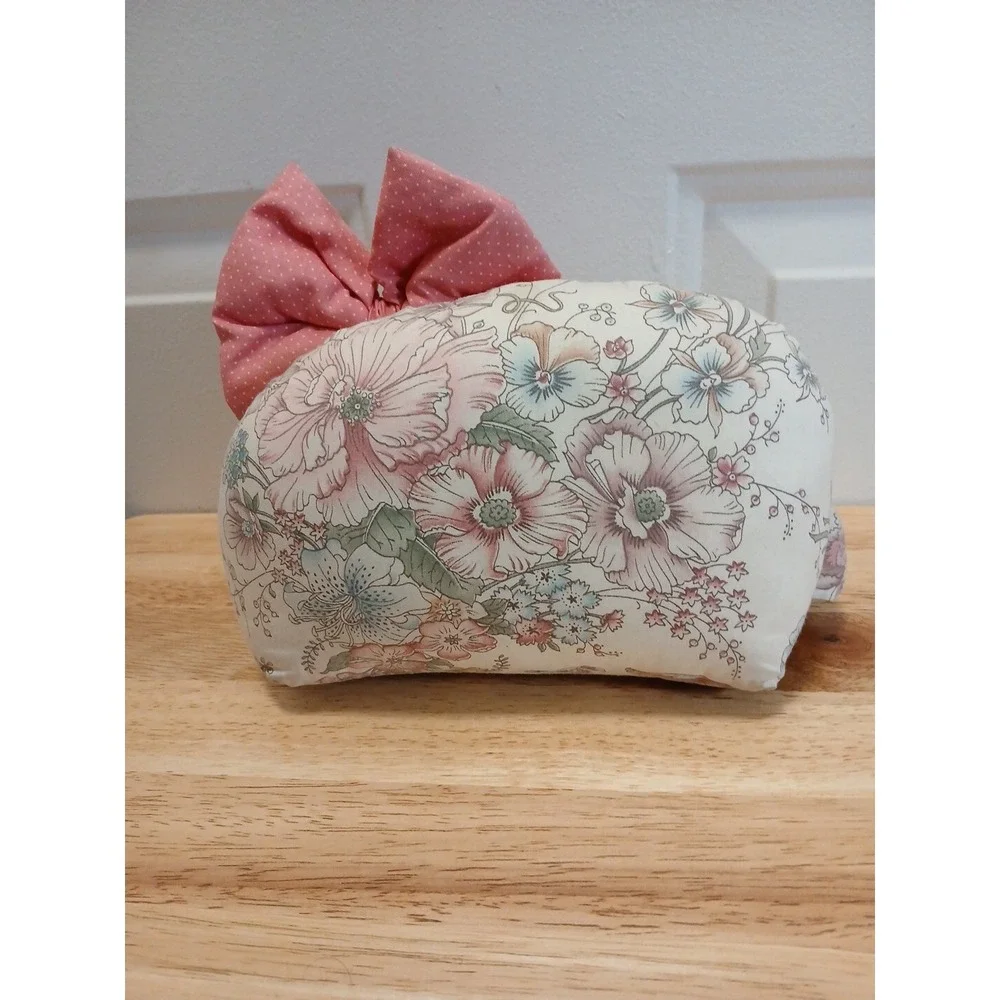 Cat Shelf Sitter Handmade Fabric Cat With Bow Doorstop Decor Sleeping Cat  8"x5" - Picture 4 of 7